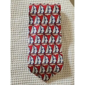 Christian Pelini Mens 100% Silk Sailboat Pattern Red Necktie Handmade